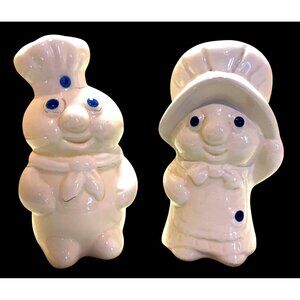 Pillsbury Doughboy & Girl Ceramic Salt & Pepper Shakers With Blue Accents Vintag